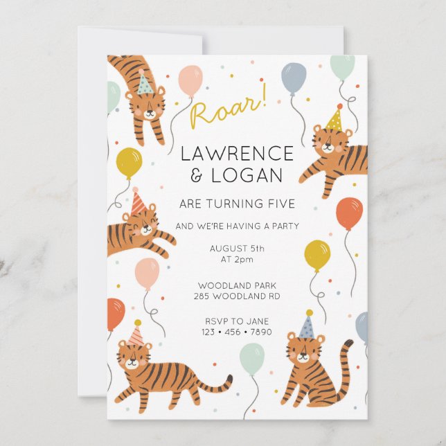 Invitation Tiger Anniversaire Fête Deux Noms (Devant)