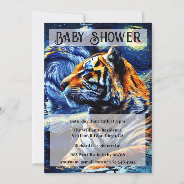 Invitation Tiger Jungle Animal & Starry Night Baby shower (Devant)