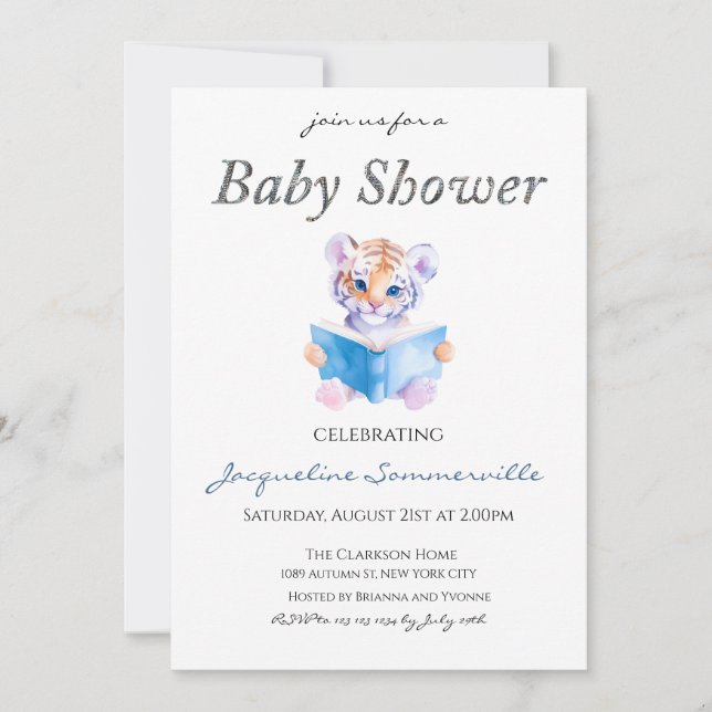 Invitation Tiger Lire un livre Baby shower (Devant)