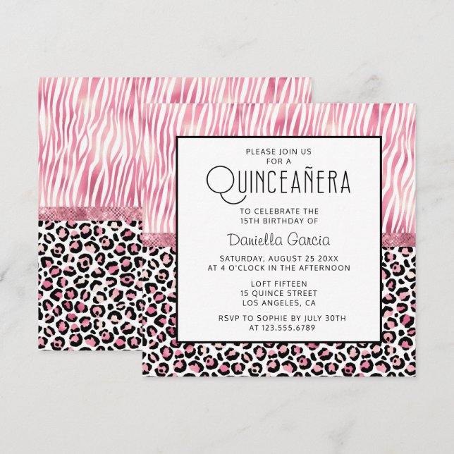Invitation Tiger rose Safari Leopard Shimmer Quinceañera (Devant / Derrière)