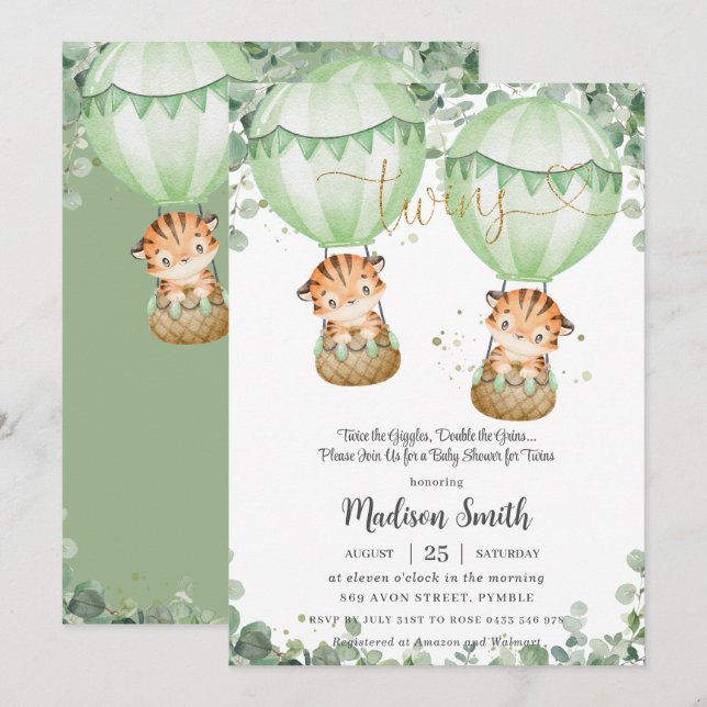 Invitation Tigers Jumeaux Verdure Baby shower neutre genre (Devant / Derrière)