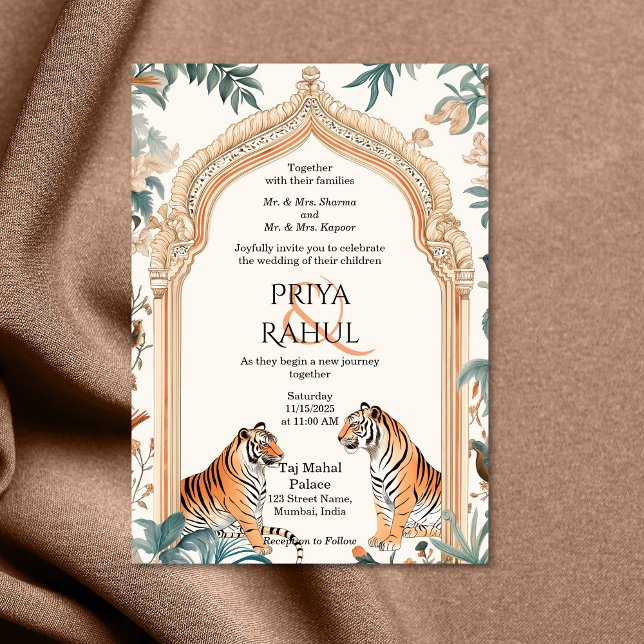 Invitation Tigers Vintages traditionnels Mariage indien (indian arched door with two tigers beige gold color wedding invitation)