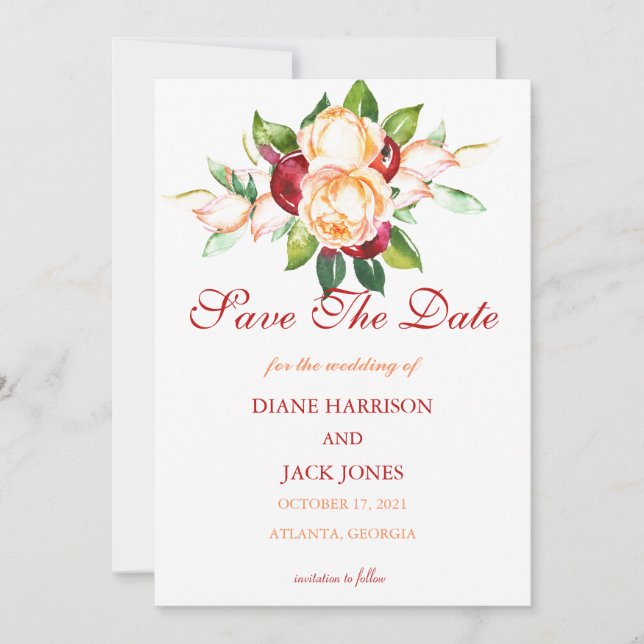 Invitation Tiges aquarelles de rose et de baie pour mariage (Devant)