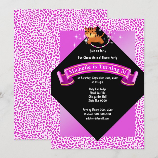 Invitation Tigre de bébé rose de cirque sautant par la copie (Devant / Derrière)