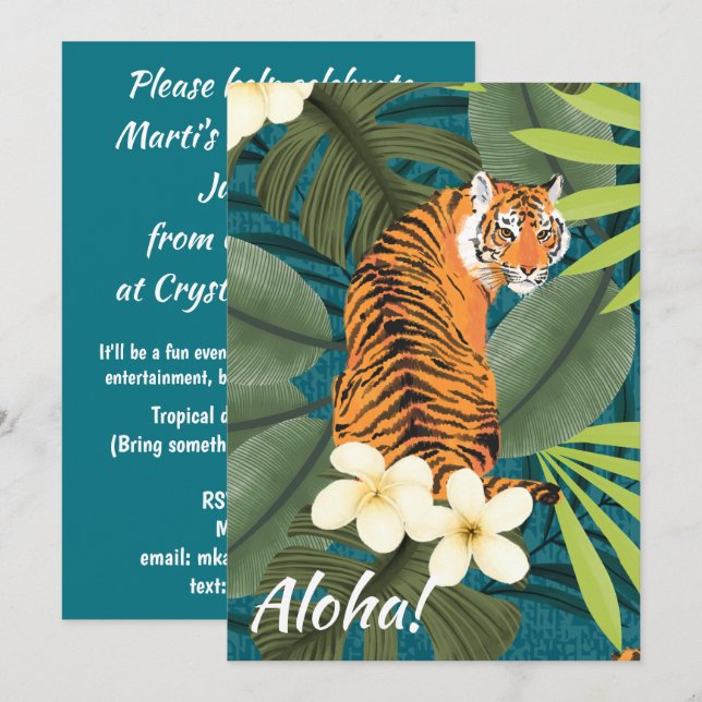 Invitation Tigre tropical Hawaiian Palm Jungle Turquoise (Devant / Derrière)