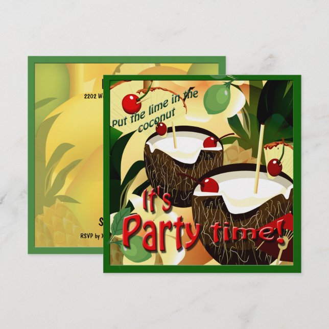 Invitation Tiki Bar Coconut Lime Luau Party (Devant / Derrière)