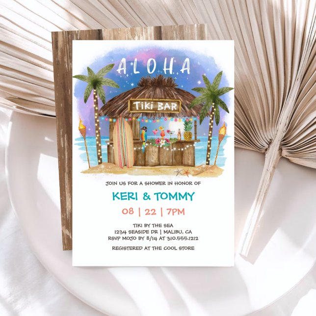 Invitation Tiki Beach Bar Tropical Night Sea Couples Douche (Créateur téléchargé)