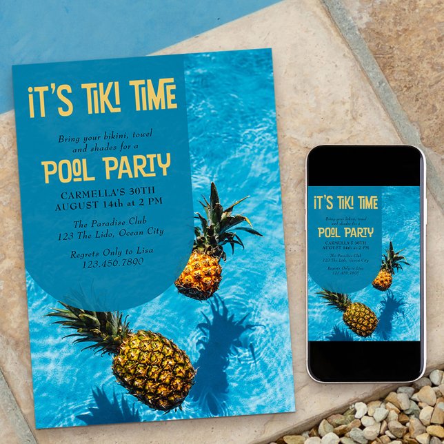Invitation Tiki Time Pool Party 30e ou tout âge Anniversaire (Tiki Pool Party Invitation which you can customize for any age birthday or summer event)