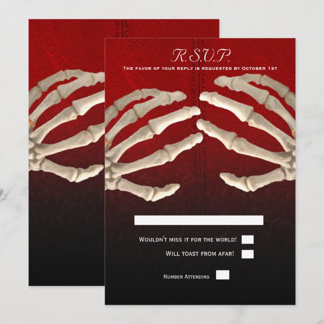 Invitation Til Death Blood Red Skeleton Gold Wedding RSVP (Devant / Derrière)