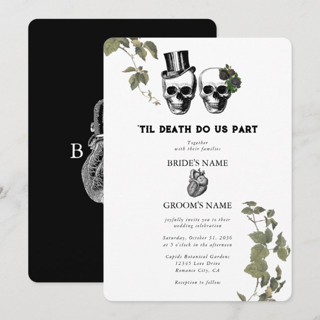 Invitation Til Death Coeur gothique Mariage des crânes florau (Devant / Derrière)