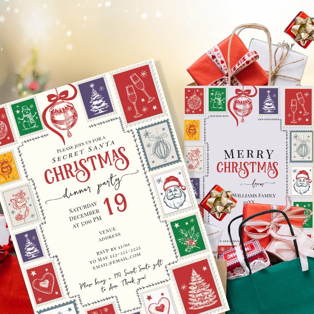 Invitation Timbres rétro Whimsical Doodles de Noël (Whimsical Retro Stamps Christmas Doodles Holiday Cocktail parties, Secret Santa, White Elephant)