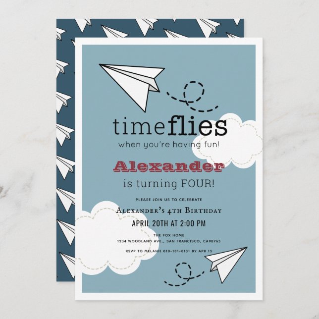 Invitation Time Flies Papier Plan Blue Boy Anniversaire (Devant / Derrière)