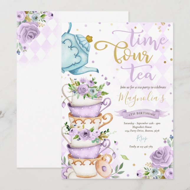 Invitation Time Four Tea Purple Floral 4e anniversaire ParTEA (Devant / Derrière)