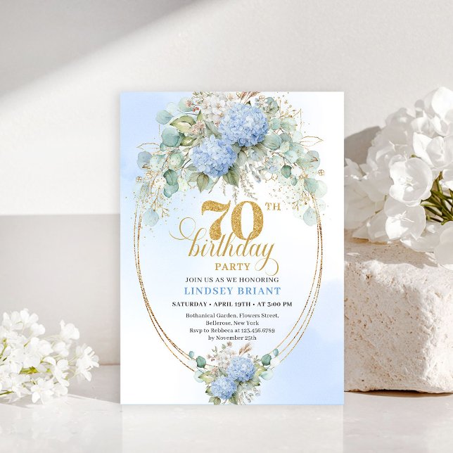 Invitation Timeless 70th Birthday Blue Hydrangea Gold Invite (Timeless 70th Birthday Blue Hydrangea Gold Invitation)