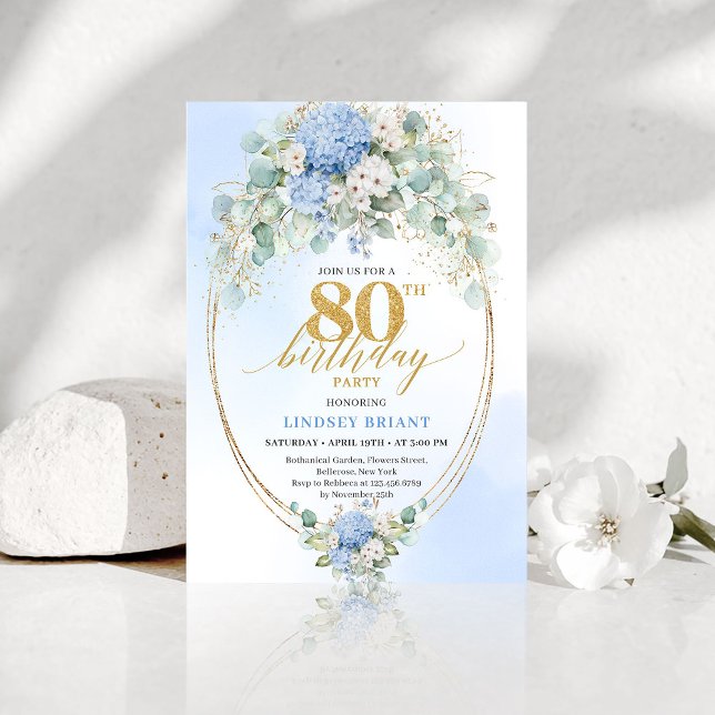Invitation Timeless Blue Hydrangea Gold 80th Birthday Invite (Timeless Blue Hydrangea Gold 80th Birthday Invite)