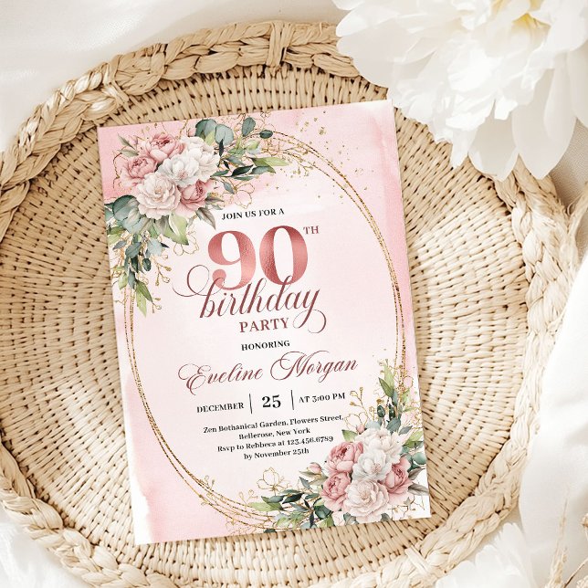 Invitation Timeless Blush Pink Gold Greenery 90th Birthday  (Timeless Blush Pink Gold Greenery 90th Birthday Invite)
