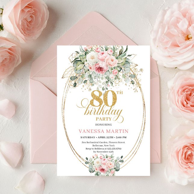 Invitation Timeless Boho Blush Roses Minimal 80th Birthday (Timeless Boho Blush Roses Minimal 80th Birthday)