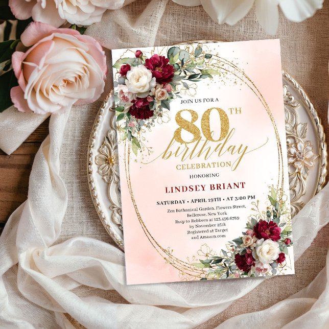 Invitation Timeless Burgundy Boho Floral 80th Birthday Invite (Timeless Burgundy Boho Floral 80th Birthday Invite)