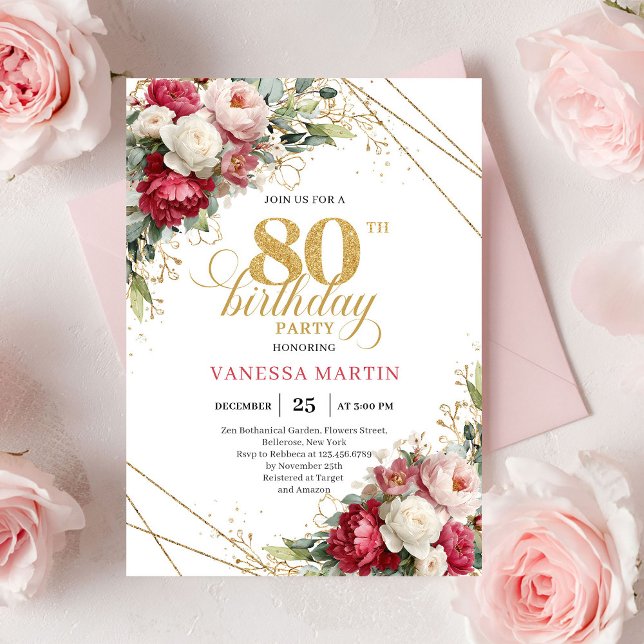 Invitation Timeless Burgundy Red Gold 80th Birthday Invite (Timeless Burgundy Red Gold 80th Birthday Invite)