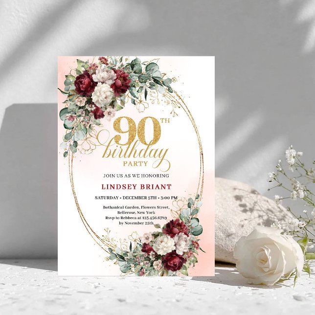 Invitation Timeless Maroon Peonies Eucalyptus 90th Birthday (Timeless Maroon Peonies Eucalyptus 90th Birthday)