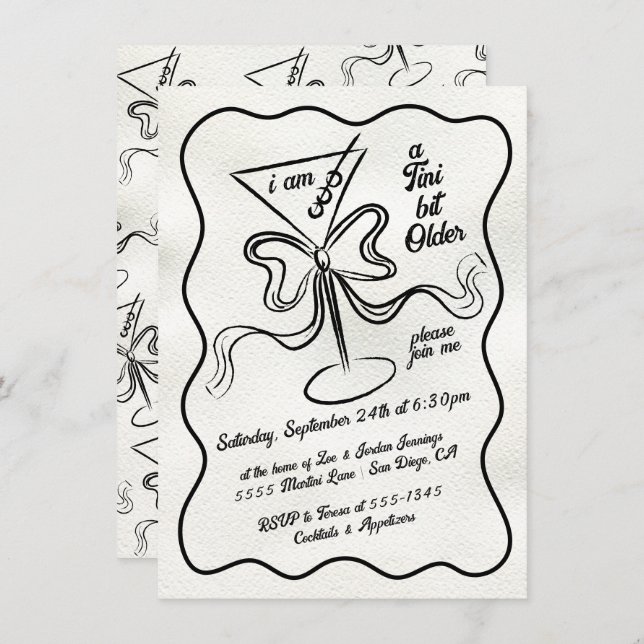 Invitation Tini un peu plus vieux Martini Bow Funky Anniversa (Devant / Derrière)
