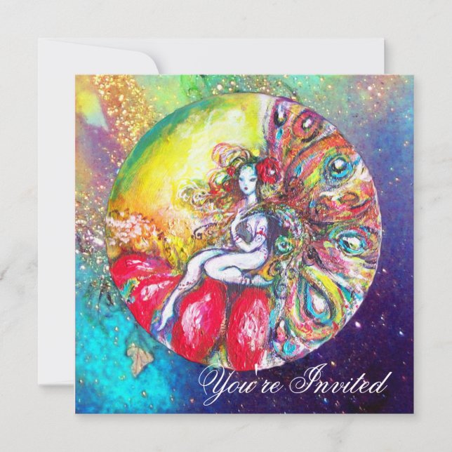 Invitation TITANIA , rose jaune bleu rouge scintillations (Devant)