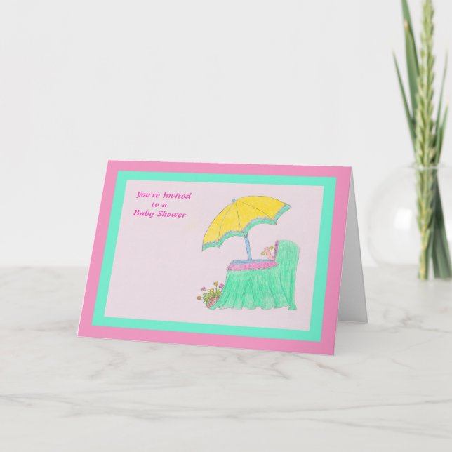 Invitation to Baby Shower, Drawing in Pink/Green (Front)
