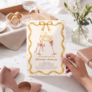 Invitation Toast au Champagne au Ruban Doré Élégant pour Baby