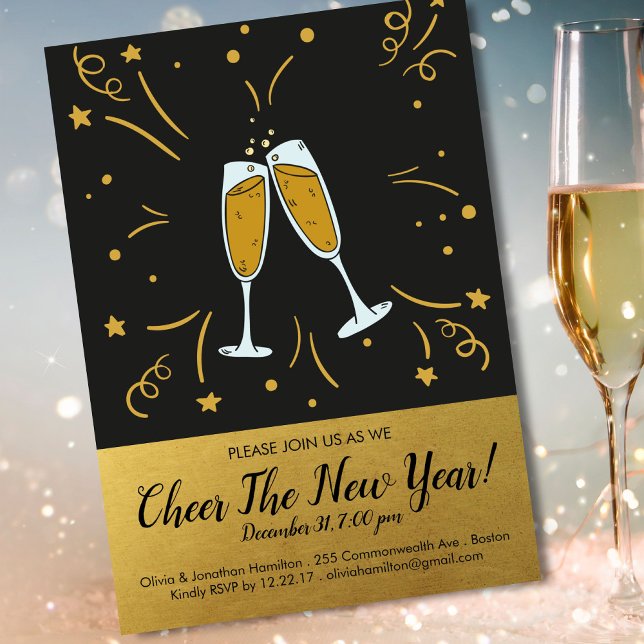 Invitation Toast de la Soirée du Nouvel An Gold Cheer Champag (Créateur téléchargé)