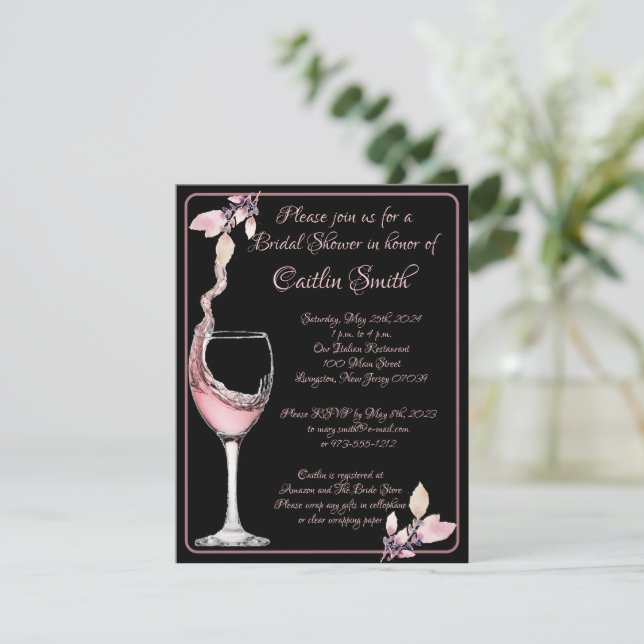 Invitation Toast Floral Formel Noir et Fête des mariées Rose (Debout devant)