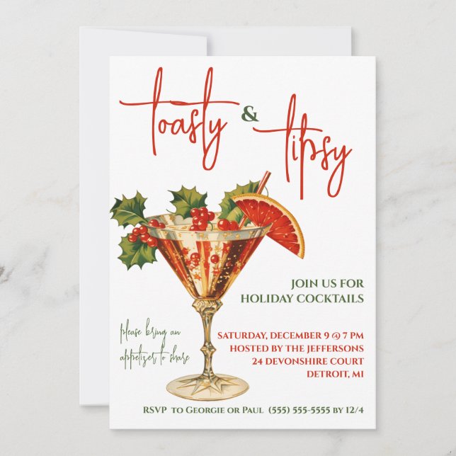 Invitation Toasty & Tipsy, Martini, Cocktail de vacances (Devant)