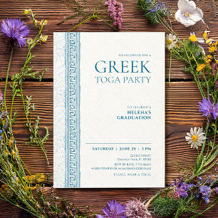 Invitation Toga Party en bleu avec des éléments en pierre gre
