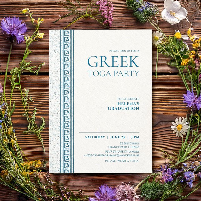 Invitation Toga Party en bleu avec des éléments en pierre gre (Créateur téléchargé)
