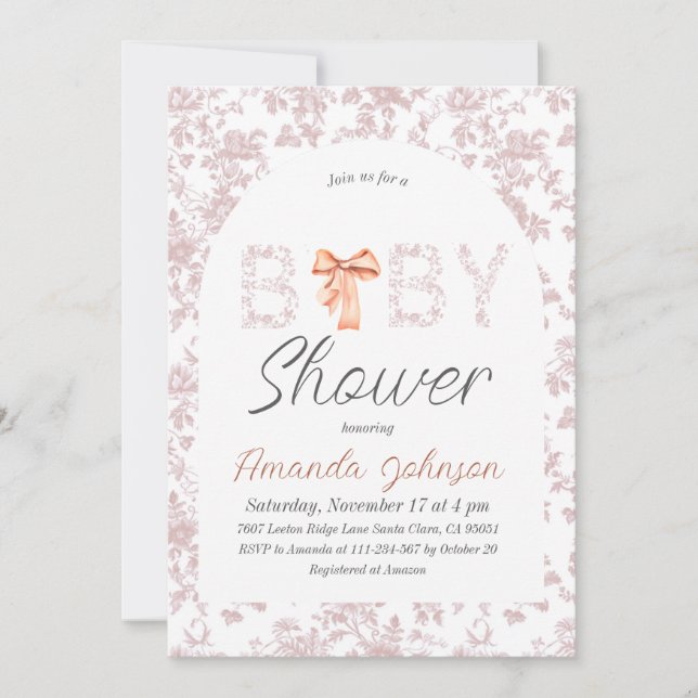 Invitation Toile Arch Blush Bow Baby shower Floral (Devant)