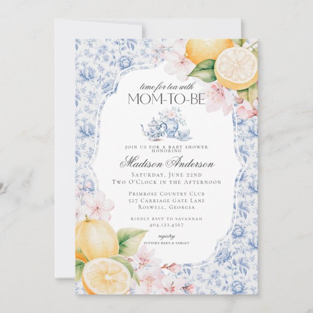 Invitation Toile Baby shower Tea Party Blue Chinoiserie (Devant)