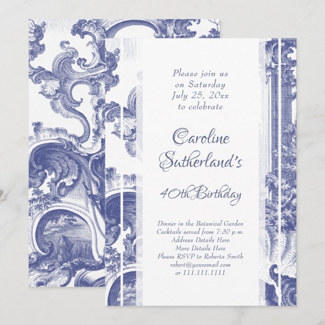 Invitation Toile Baroque Bleue France Anniversaire (Devant / Derrière)