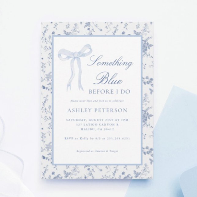 Invitation Toile Bleu Bow Quelque chose Fête des mariées Bleu (Créateur téléchargé)