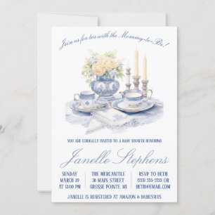 Invitation Toile bleue Chine, Baby shower Victorien Tea Party