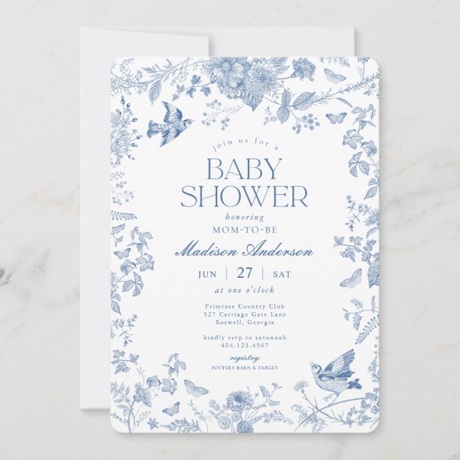 Invitation Toile Bleue De Jouy Baby shower Floral Français (Devant)