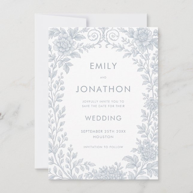 Invitation Toile Bleue De Jouy Bordure Mariage Enregistrer la (Devant)