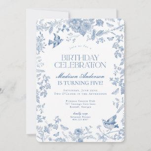 Invitation Toile Bleue De Jouy Fête d'Anniversaire Florale