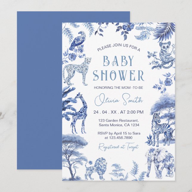 Invitation Toile Bleue De Jouy Safari Animaux Baby shower Gar (Devant / Derrière)