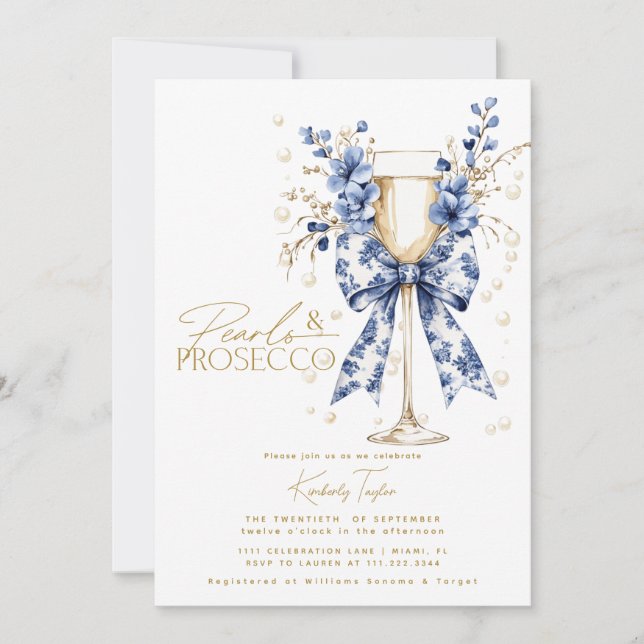 Invitation Toile Bow Floral Pearl & Prosecco Fête des mariées (Devant)