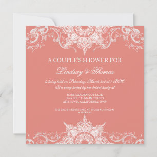 Invitation Toile Damask Swirl Couples Douche Coral Rose
