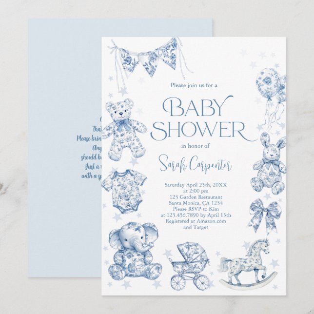 Invitation Toile De Jouy Baby shower Boy (Devant / Derrière)