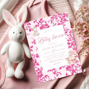 Invitation Toile de Jouy Baby shower Dusty Pink Teddy Bear