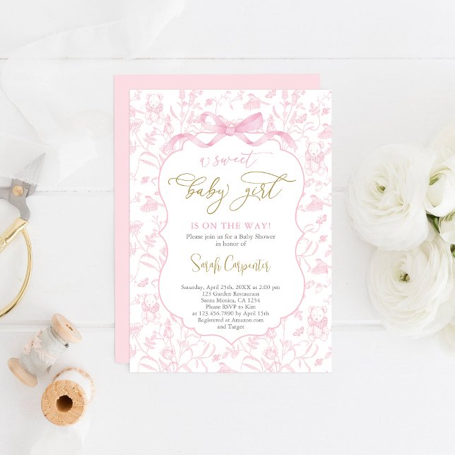 Invitation Toile De Jouy Baby shower fille avec Bow (Créateur téléchargé)