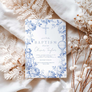 Invitation Toile De Jouy Bleu  Baptême Garçon