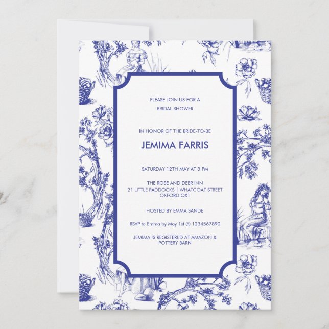 Invitation Toile de Jouy Bleue et Blanche (Devant)