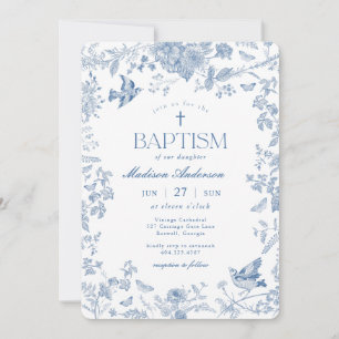 Invitation Toile de Jouy Bleue Florale Baptême Français